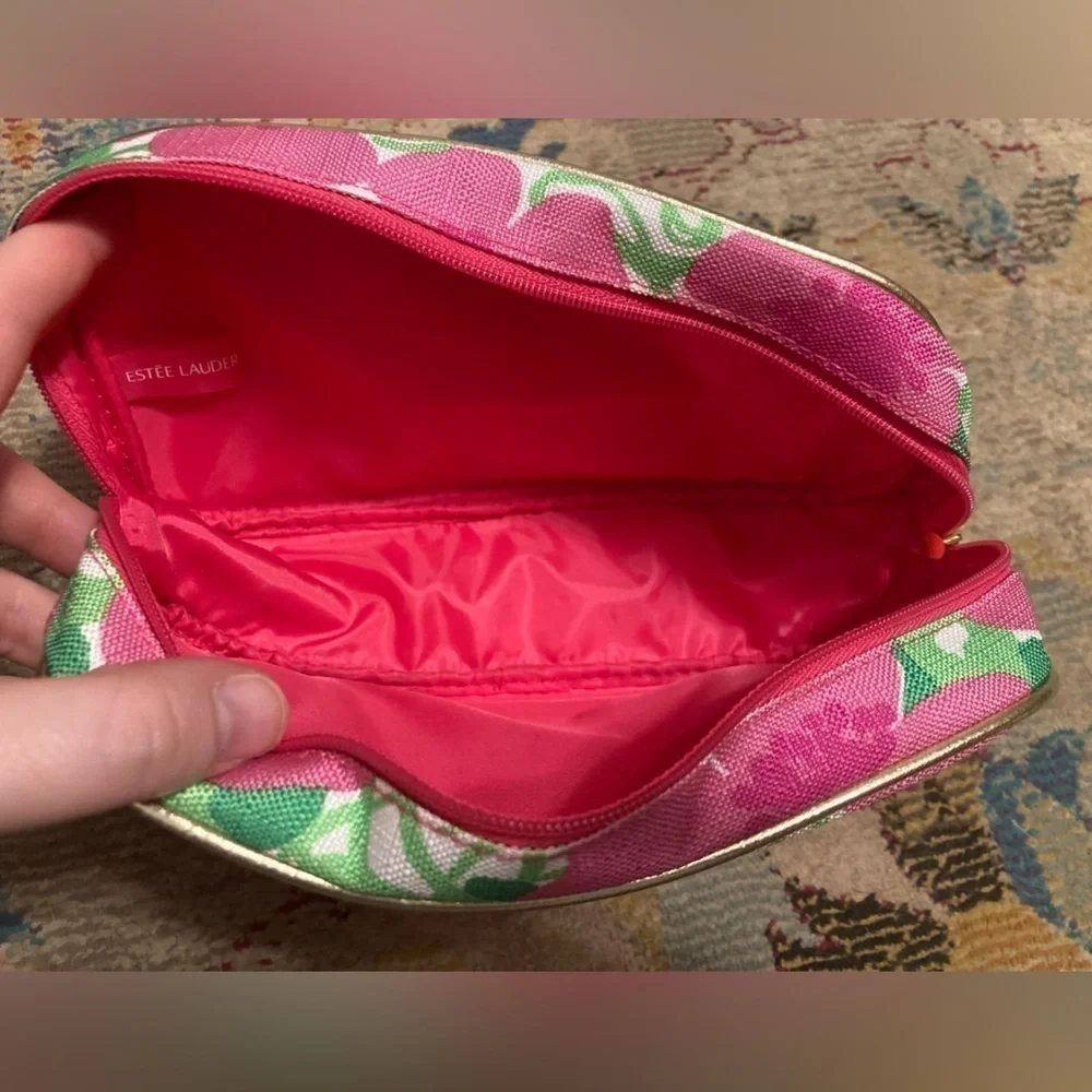 Lilly Pulitzer Estée Lauder Pink And Green Floral Makeup Zipper Bag